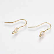 Brass Earring Hooks, with Cubic Zirconia and Vertical Loop, Nickel Free, Real 18K Gold Plated, 18x4.5mm, Hole: 1mm, 20 Gauge, Pin: 0.8mm(KK-T038-249G)
