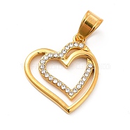 304 Stainless Steel Pendants, with Crystal Rhinestone, Bouble Heart Charms, Golden, 23x21x2.5mm, Hole: 7x4.5mm(STAS-K243-14G)