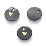 Freshwater Shell Charms, with Gold Blocking Letter, Dyed, Flat Round, Black, Letter.W, 11x1.5mm, Hole: 1.5mm(SHEL-S253-16W)