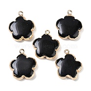 Natural Black Stone Pendants, Flower Charms with Brass Findings, Golden, 23~24x21x6mm, Hole: 1.8mm(G-P566-01G-11)