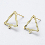Brass Stud Earring Findings, with Loop, Long-Lasting Plated, Real 18K Gold Plated, Nickel Free, Triangle, 12.5x12x1mm, Hole: 1mm, Pin: 0.8mm(KK-F728-29G-NF)