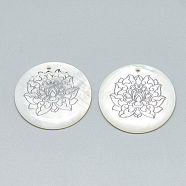 FFreshwater Shell Pendants, Covered with Iron Findings, Flat Round with Lotus, Platinum, 30~31x2~3mm, Hole: 1.8mm(SHEL-Q016-011P)