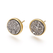 Druzy Resin Earrings, with Brass Finding, Flat Round, Dark Gray, 9.5x16~16.5mm, Pin: 0.8mm(KK-E724-S-13G)