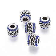 Alloy European Beads, Large Hole Beads, with Rhinestone, Column, Sapphire, Antique Silver, 12.5x10.5mm, Hole: 4.5mm(RB-O039-01AS-A)