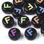 Opaque Black Acrylic Beads, Horizontal Hole, Flat Round with Mixed Color Letter, Letter.F, 7x4mm, Hole: 1.6mm, about 3600pcs/500g(MACR-N008-17F)