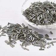 Glass Bugle Beads, Silver Lined, Dark Gray, 12x2mm, Hole: 0.5mm, about 5000pcs/bag(SEED-E001-12mm-40)