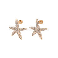 Brass Micro Pave Clear Cubic Zirconia Stud Earring Findings, for Half Drilled Beads, Nickel Free, Starfish, Real 18K Gold Plated, 8x11mm, Pin: 0.7mm, pin: 0.7mm(for half drilled beads)(KK-S364-135)