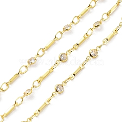 Real 18K Gold Plated Brass Flat Round & Bar Link Chains, with Glass Beaded, Soldered, with Spool, Clear, 8.5x2x1mm, 8x4x2mm, about 32.81 Feet(10m)/Roll(CHC-C001-08G)