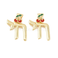 Brass Enamel Pendants, Hebrew Jewish Chai Symbol with Cherry Charms, Long-Lasting Plated, Rack Plating, Lead Free & Cadmium Free, Real 18K Gold Plated, Red, 24mm, Hole: 5x3mm(KK-C170-13G-A)