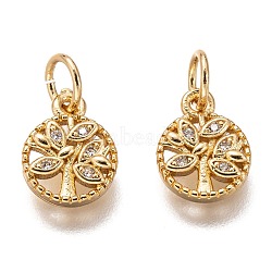 Brass Micro Pave Clear Cubic Zirconia Charms, Cadmium Free & Lead Free, Long-Lasting Plated, Flat Round with Tree, Golden, 10x8x2mm, Hole: 3mm(ZIRC-B002-66G)