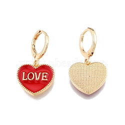 Heart with Word Love Enamel Dangle Leverback Earrings, Real 18K Gold Plated Brass Jewelry for Women, Cadmium Free & Nickel Free & Lead Free, Red, 28mm, Pin: 1mm(EJEW-N012-108E)