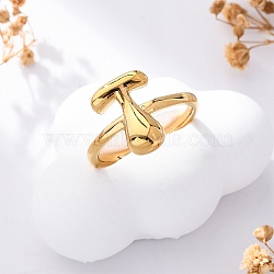 304 Stainless Steel Open Cuff Rings for Women, Letter, Real 18K Gold Plated, Letter T, 13~14x7~15mm(RJEW-M060-01G-20)