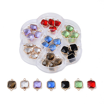 K9 Glass Links Connectors, with Light Gold Plated Brass Findings, Square, Faceted, Mixed Color, 20x13x5mm, Hole: 2mm
