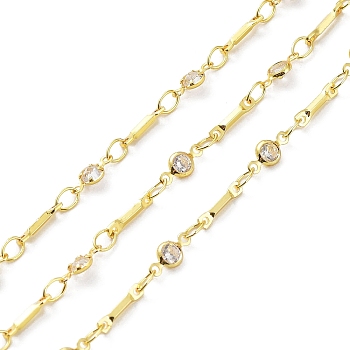 Real 18K Gold Plated Brass Flat Round & Bar Link Chains, with Glass Beaded, Soldered, with Spool, Clear, 8.5x2x1mm, 8x4x2mm, about 32.81 Feet(10m)/Roll