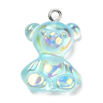 Transparent Resin Pendants, Iridescent Bear Charms with Platinum Plated Iron Loops, Light Cyan, 24.5~25.5x17~18x8~8.5mm, Hole: 1.8mm