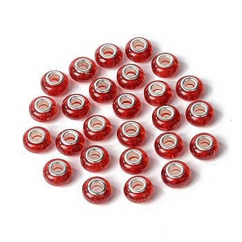 Rondelle Resin European Beads, Large Hole Beads, with Glitter Powder and Platinum Tone Brass Double Cores, Red, 13.5x8mm, Hole: 5mm