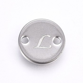 201 Stainless Steel Links connectors, Flat Round, Letter.L, Stainless Steel Color, 10x1mm, Hole: 1.5mm