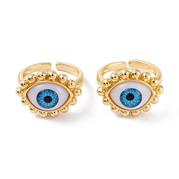 Brass Cuff Rings, Open Rings, with Resin Beads, Long-Lasting Plated, Real 18K Gold Plated, Evil Eye, Dodger Blue, 3mm, Inner Diameter: 17.5mm