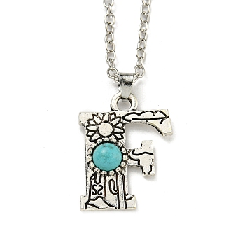 Letter A~Z Antique Silver Plated Alloy with Synthetic Turquoise Pendant Necklaces, with Iron Cable Chains, Letter F, 18.70 inch(475mm), Letter F: 25x19mm