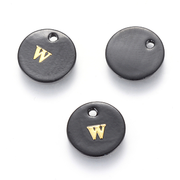 Freshwater Shell Charms, with Gold Blocking Letter, Dyed, Flat Round, Black, Letter.W, 11x1.5mm, Hole: 1.5mm