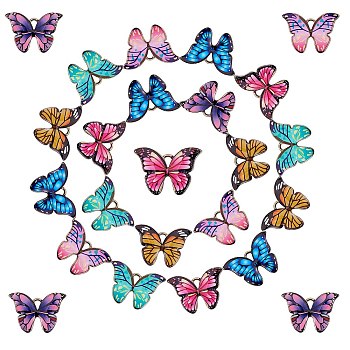 24Pcs 6 Colors Printed Alloy Pendants, with Enamel, Butterfly, Light Gold, Mixed Color, 15.5x22x2mm, Hole: 1.8mm, 4pcs/color