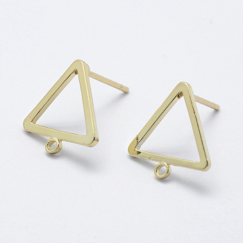 Brass Stud Earring Findings, with Loop, Long-Lasting Plated, Real 18K Gold Plated, Nickel Free, Triangle, 12.5x12x1mm, Hole: 1mm, Pin: 0.8mm