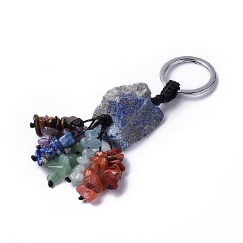 Natural Lapis Lazuli Nugget with Mixed Gemstone Chips Tassel Keychains, with 304 Stainless Steel Ring Clasps, 9~10.5cm