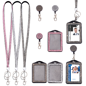 CHGCRAFT 3Pcs 3 Colors Rectangle PU Leather ID Card Badge Holder, with Rhinestone, Lanyard & Clip, Mixed Color, 590mm, 1pc/color