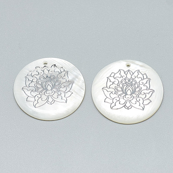 FFreshwater Shell Pendants, Covered with Iron Findings, Flat Round with Lotus, Platinum, 30~31x2~3mm, Hole: 1.8mm
