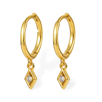 Clear Cubic Zirconia Rhombus Dangle Hoop Earrings, 925 Sterling Silver Earrings, Real 18K Gold Plated, 18mm