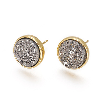 Druzy Resin Earrings, with Brass Finding, Flat Round, Dark Gray, 9.5x16~16.5mm, Pin: 0.8mm