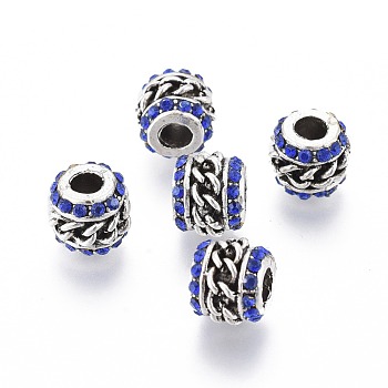 Alloy European Beads, Large Hole Beads, with Rhinestone, Column, Sapphire, Antique Silver, 12.5x10.5mm, Hole: 4.5mm
