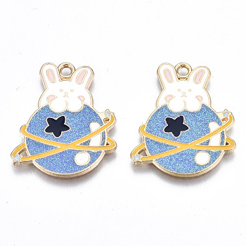 Eco-Friendly Alloy Enamel Pendants, Cadmium Free & Lead Free & Nickel Free, Planet with Rabbit, Light Gold, Colorful, 27x23x1.2mm, Hole: 2mm