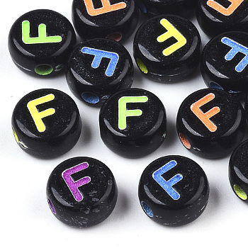 Opaque Black Acrylic Beads, Horizontal Hole, Flat Round with Mixed Color Letter, Letter.F, 7x4mm, Hole: 1.6mm, about 3600pcs/500g