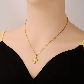 304 Stainless Steel Religion Cross Pendant Necklaces for Women, Real 18K Gold Plated, 17.72 inch(45cm)
