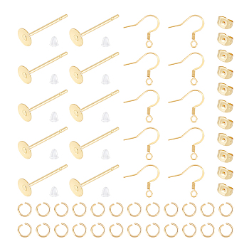 DIY Earring Making Finding Kit, Including Brass Flat Pad Stud Earring Findings, 304 Stainless Steel Earring Hooks & Jump Rings & Ear Nuts, Plastic Ear Nuts, Golden, 850Pcs/box