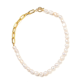 Natural Baroque Pearl Keshi Pearl Beaded Necklaces, with Iron Paperclip Chains and 304 Stainless Steel Toggle Clasps, Golden, 17.48 inch(44.4cm)