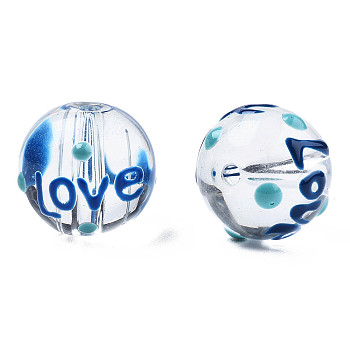 Transparent Glass Beads, with Enamel Word Love Pattern, Round, Blue, 12x11mm, Hole: 1.6mm