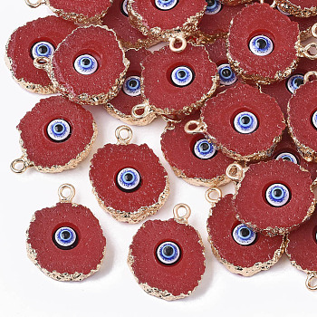 Druzy Resin Pendants, with Edge Light Gold Plated Iron Loops, Flat Round with Eye, Red, 20~23x17~18x5mm, Hole: 1.8mm