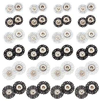 24 Sets 6 Style Zinc Alloy Snap Buttons, Garment Buttons, Sewing Accessories, Flower, Mixed Color, 15~21x6~7mm, 4 sets/style