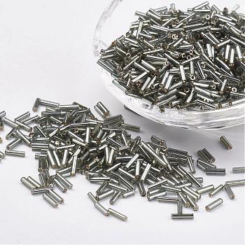 Glass Bugle Beads, Silver Lined, Dark Gray, 12x2mm, Hole: 0.5mm, about 5000pcs/bag