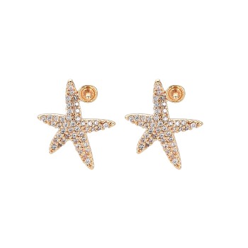 Brass Micro Pave Clear Cubic Zirconia Stud Earring Findings, for Half Drilled Beads, Nickel Free, Starfish, Real 18K Gold Plated, 8x11mm, Pin: 0.7mm, pin: 0.7mm(for half drilled beads)