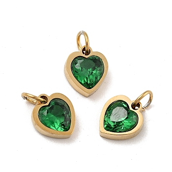 Vacuum Plating 304 Stainless Steel Pendants, with Cubic Zirconia and Jump Rings, Single Stone Charms, Heart, Golden, Green, 9x8x3mm, Hole: 3.6mm