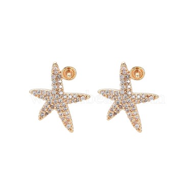 Real 18K Gold Plated Clear Starfish Brass+Cubic Zirconia Stud Earring Findings