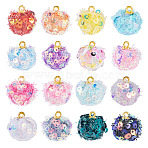 32Pcs 16 Colors Cloth Pendants, with Paillette and Golden Tone Alloy Findings, Round, Golden, Mixed Color, 16.5x15mm, Hole: 1.8mm, 2pcs/color(FIND-TA0008-47)