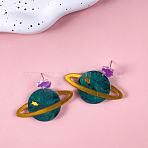 Planet Acrylic Dangle Stud Earrings, Platinum, Dark Cyan, 60x51mm(FS-WG64C67-01)