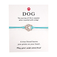 Alloy Dog Paw Print Link Bracelet, Waxed Cord Adjustable Bracelet for Women, Silver, 6-1/4~11-3/4 inch(16~30cm)(ANIM-PW0001-027F)
