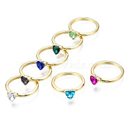 Rack Plating Alloy Cubic Zirconia Finger Rings, Cadmium Free & Lead Free, Heart, Light Gold, Mixed Color, US Size 7 1/2(17.7mm)(RJEW-T011-35LG-RS)