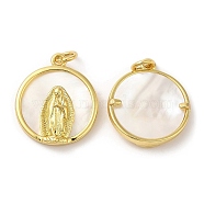 Eco-Friendly Brass Pendants, with Jump Ring and Shell, Lead Free & Cadmium Free, Flat Round with Saint Charm, Real 18K Gold Plated, 18x15.5x3.5mm, Hole: 3mm(KK-M246-08G)