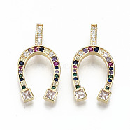 Brass Micro Pave Colorful Cubic Zirconia Pendants, Nickel Free, Horseshoe Shape, Real 16K Gold Plated, 30x15x2.5mm, Hole: 3.5x5mm(ZIRC-S067-216-NF)